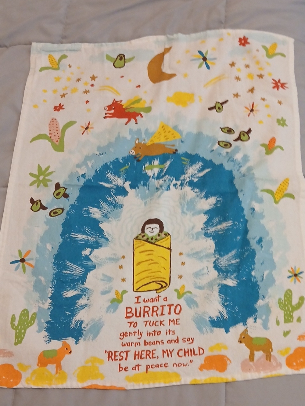 Blue Q White Blue Multicolor Burrito Baby Kitchen Towel with Whimsical Animals